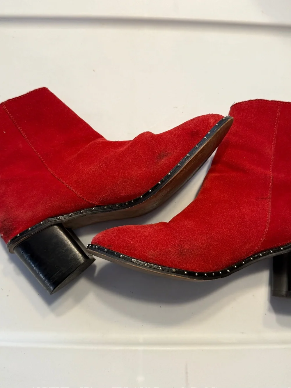 Topshop Red Suede Ankle Boots with Studded Trim - Women's Shoes Sz 37 (6.5)